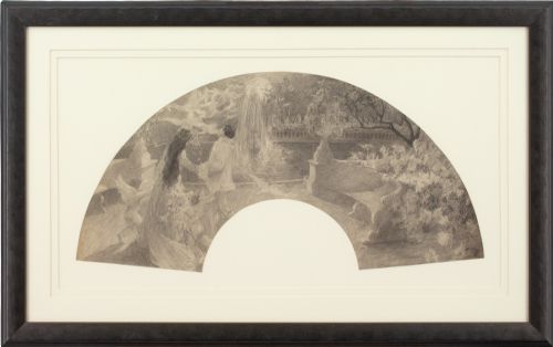 cyrus cuneo symbolist fan design with couple cherubs garden antique drawing - CATEGORY: ANTIQUE MISCELLANEOUS - DATED 1910