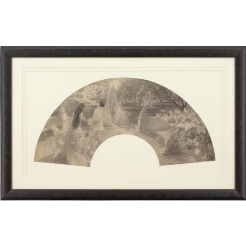 CYRUS CUNEO SYMBOLIST FAN DESIGN WITH COUPLE CHERUBS GARDEN ANTIQUE DRAWING - ADDITIONAL PHOTO 1