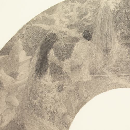 CYRUS CUNEO SYMBOLIST FAN DESIGN WITH COUPLE CHERUBS GARDEN ANTIQUE DRAWING - ADDITIONAL PHOTO 4