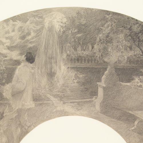 CYRUS CUNEO SYMBOLIST FAN DESIGN WITH COUPLE CHERUBS GARDEN ANTIQUE DRAWING - ADDITIONAL PHOTO 5
