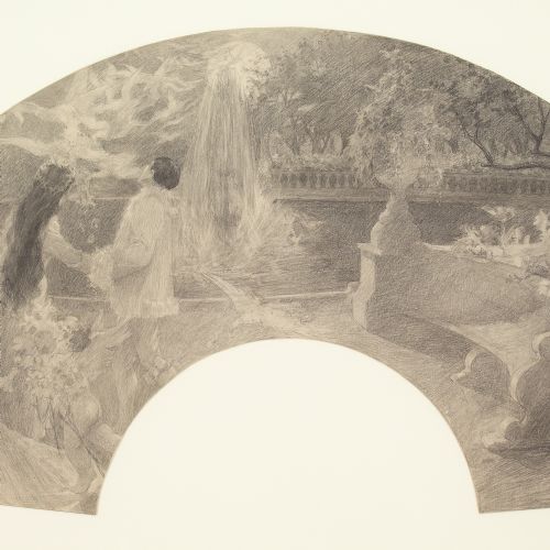 CYRUS CUNEO SYMBOLIST FAN DESIGN WITH COUPLE CHERUBS GARDEN ANTIQUE DRAWING - ADDITIONAL PHOTO 7