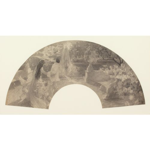 CYRUS CUNEO SYMBOLIST FAN DESIGN WITH COUPLE CHERUBS GARDEN ANTIQUE DRAWING - ADDITIONAL PHOTO 9