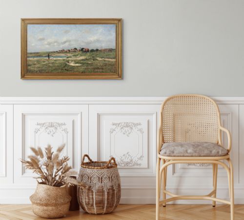 ALFRED CONQUEST COASTAL LANDSCAPE WITH VILLAGE FIGURES ANTIQUE OIL PAINTING - ADDITIONAL PHOTO 2