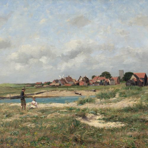 ALFRED CONQUEST COASTAL LANDSCAPE WITH VILLAGE FIGURES ANTIQUE OIL PAINTING - ADDITIONAL PHOTO 4