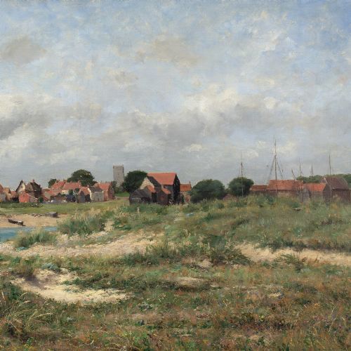 ALFRED CONQUEST COASTAL LANDSCAPE WITH VILLAGE FIGURES ANTIQUE OIL PAINTING - ADDITIONAL PHOTO 5