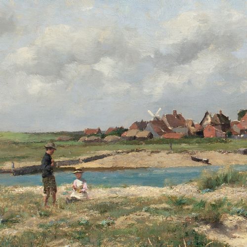 ALFRED CONQUEST COASTAL LANDSCAPE WITH VILLAGE FIGURES ANTIQUE OIL PAINTING - ADDITIONAL PHOTO 6