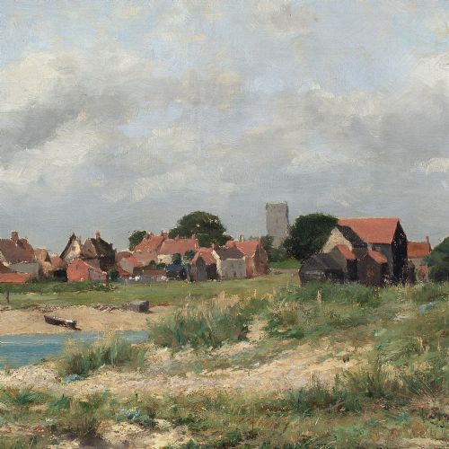 ALFRED CONQUEST COASTAL LANDSCAPE WITH VILLAGE FIGURES ANTIQUE OIL PAINTING - ADDITIONAL PHOTO 7