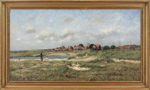 alfred conquest coastal landscape with village figures antique oil painting - CATEGORY: ANTIQUE ART - DATED 1890