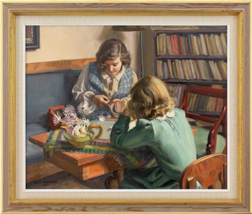 gustaf magnusson needlework oil painting - CATEGORY: ANTIQUE ART - DATED 1940