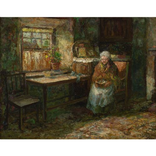 JOHN FALCONAR SLATER INTERIOR WITH WOMAN READING ANTIQUE OIL PAINTING - ADDITIONAL PHOTO 1