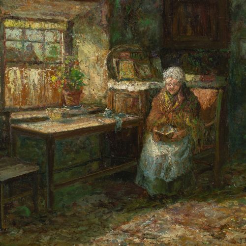 JOHN FALCONAR SLATER INTERIOR WITH WOMAN READING ANTIQUE OIL PAINTING - ADDITIONAL PHOTO 5