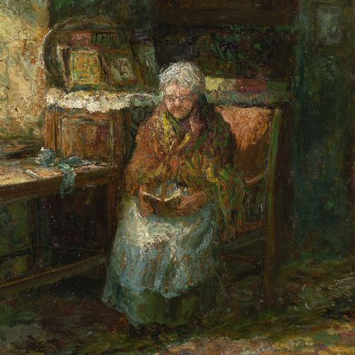 JOHN FALCONAR SLATER INTERIOR WITH WOMAN READING ANTIQUE OIL PAINTING - ADDITIONAL PHOTO 6
