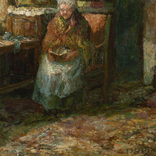 JOHN FALCONAR SLATER INTERIOR WITH WOMAN READING ANTIQUE OIL PAINTING - ADDITIONAL PHOTO 7