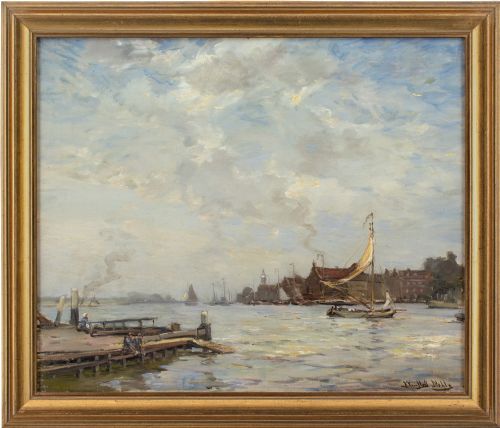 james campbell noble rsa harbour with sailboat figures antique oil painting - CATEGORY: ANTIQUE ART - DATED 1900