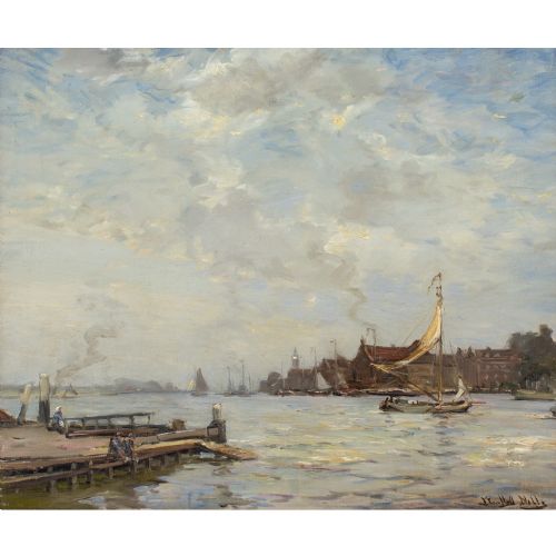 JAMES CAMPBELL NOBLE RSA HARBOUR WITH SAILBOAT FIGURES ANTIQUE OIL PAINTING - ADDITIONAL PHOTO 1