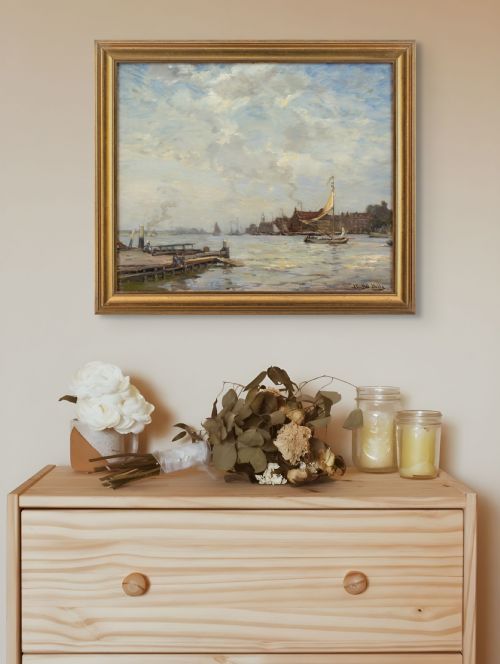 JAMES CAMPBELL NOBLE RSA HARBOUR WITH SAILBOAT FIGURES ANTIQUE OIL PAINTING - ADDITIONAL PHOTO 3