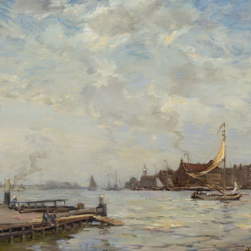 JAMES CAMPBELL NOBLE RSA HARBOUR WITH SAILBOAT FIGURES ANTIQUE OIL PAINTING - ADDITIONAL PHOTO 4