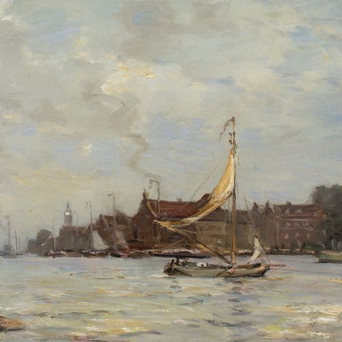 JAMES CAMPBELL NOBLE RSA HARBOUR WITH SAILBOAT FIGURES ANTIQUE OIL PAINTING - ADDITIONAL PHOTO 5