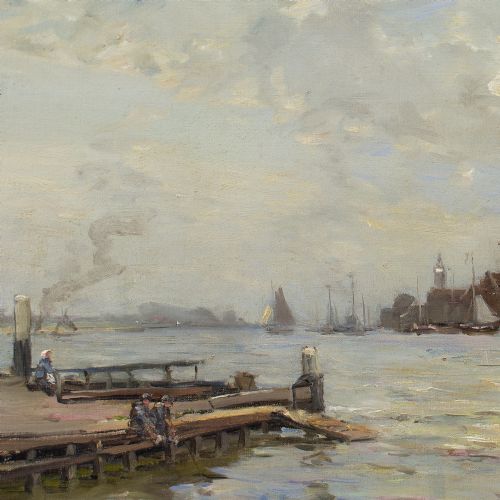 JAMES CAMPBELL NOBLE RSA HARBOUR WITH SAILBOAT FIGURES ANTIQUE OIL PAINTING - ADDITIONAL PHOTO 6