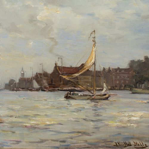 JAMES CAMPBELL NOBLE RSA HARBOUR WITH SAILBOAT FIGURES ANTIQUE OIL PAINTING - ADDITIONAL PHOTO 7