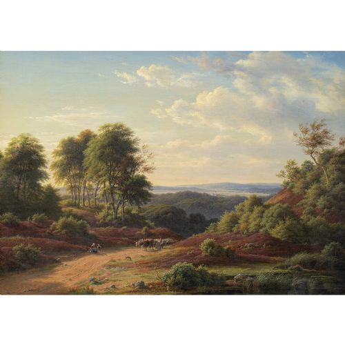 FREDERIK CHRISTIAN KIRSKOU PICTURESQUE LANDSCAPE WITH FARMER DRIVING OXON ANTIQUE OIL PAINTING - ADDITIONAL PHOTO 2