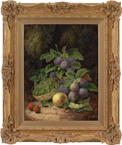 oliver clare still life with basket plums gooseberries apple strawberries antique oil painting - CATEGORY: ANTIQUE ART - DATED 1900
