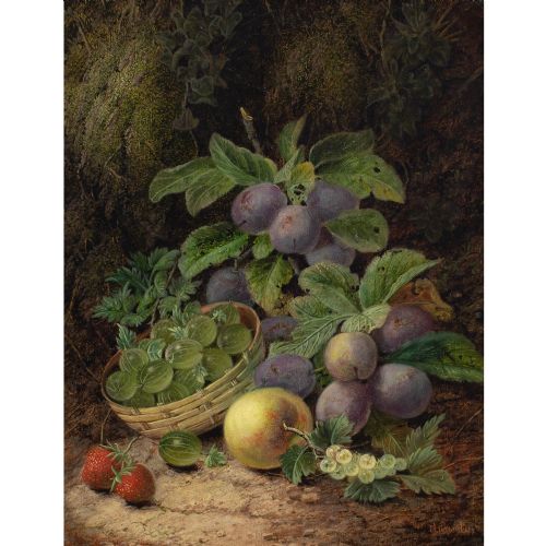 OLIVER CLARE STILL LIFE WITH BASKET PLUMS GOOSEBERRIES APPLE STRAWBERRIES ANTIQUE OIL PAINTING - ADDITIONAL PHOTO 1