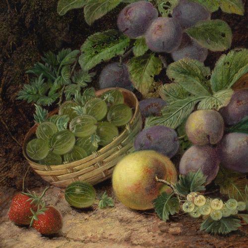 OLIVER CLARE STILL LIFE WITH BASKET PLUMS GOOSEBERRIES APPLE STRAWBERRIES ANTIQUE OIL PAINTING - ADDITIONAL PHOTO 5
