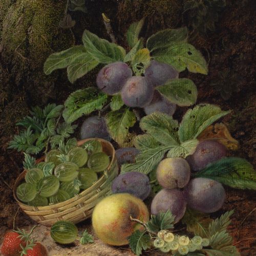 OLIVER CLARE STILL LIFE WITH BASKET PLUMS GOOSEBERRIES APPLE STRAWBERRIES ANTIQUE OIL PAINTING - ADDITIONAL PHOTO 6