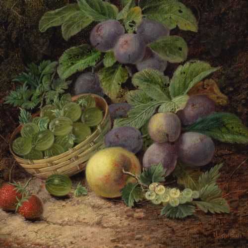 OLIVER CLARE STILL LIFE WITH BASKET PLUMS GOOSEBERRIES APPLE STRAWBERRIES ANTIQUE OIL PAINTING - ADDITIONAL PHOTO 7