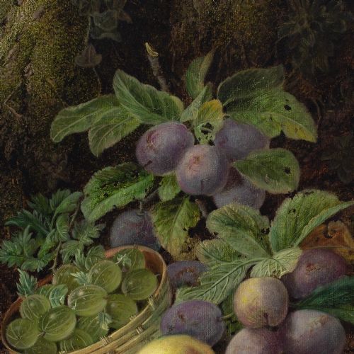 OLIVER CLARE STILL LIFE WITH BASKET PLUMS GOOSEBERRIES APPLE STRAWBERRIES ANTIQUE OIL PAINTING - ADDITIONAL PHOTO 9