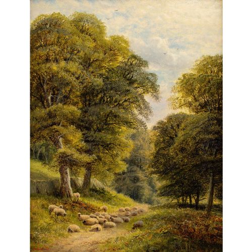 ALFRED AUGUSTUS GLENDENING LANDSCAPE WITH WOODLAND TRACK SHEEP ANTIQUE OIL PAINTING - ADDITIONAL PHOTO 1