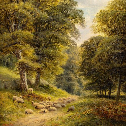 ALFRED AUGUSTUS GLENDENING LANDSCAPE WITH WOODLAND TRACK SHEEP ANTIQUE OIL PAINTING - ADDITIONAL PHOTO 5