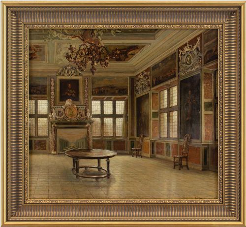 harald erhardhansen the audience hall frederiksborg castle denmark oil painting - CATEGORY: ANTIQUE ART - DATED 1930