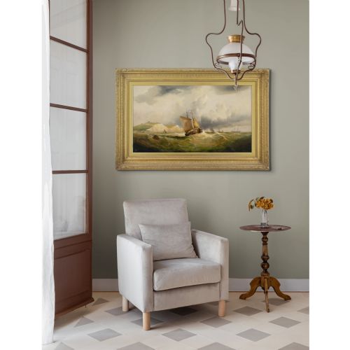 WILLIAM BROOME FISHING BOATS IN A STRONG BREEZE OFF DOVER ANTIQUE OIL PAINTING - ADDITIONAL PHOTO 3