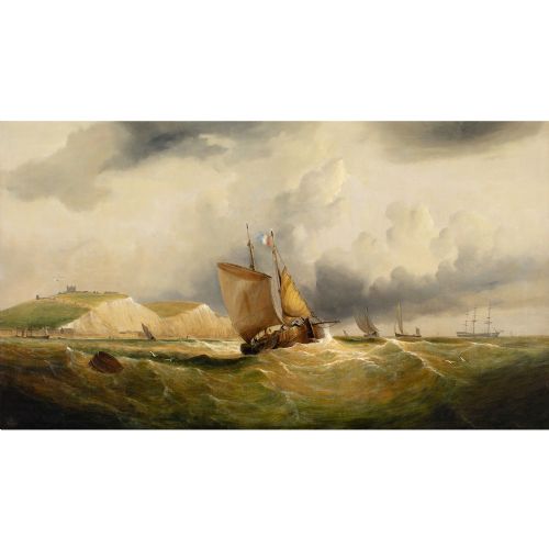 WILLIAM BROOME FISHING BOATS IN A STRONG BREEZE OFF DOVER ANTIQUE OIL PAINTING - ADDITIONAL PHOTO 1