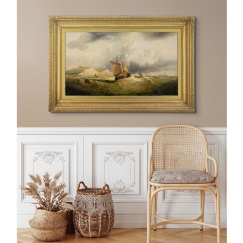 WILLIAM BROOME FISHING BOATS IN A STRONG BREEZE OFF DOVER ANTIQUE OIL PAINTING - ADDITIONAL PHOTO 4