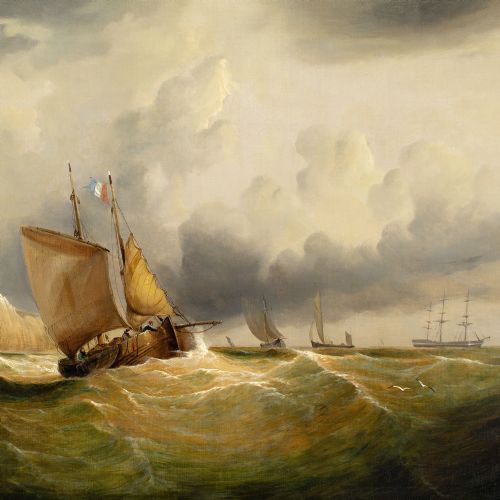 WILLIAM BROOME FISHING BOATS IN A STRONG BREEZE OFF DOVER ANTIQUE OIL PAINTING - ADDITIONAL PHOTO 5