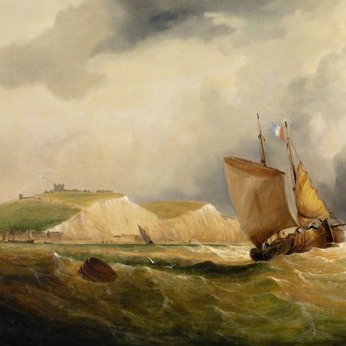 WILLIAM BROOME FISHING BOATS IN A STRONG BREEZE OFF DOVER ANTIQUE OIL PAINTING - ADDITIONAL PHOTO 6