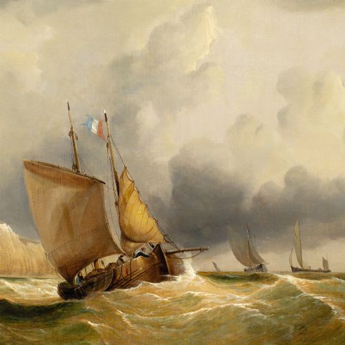 WILLIAM BROOME FISHING BOATS IN A STRONG BREEZE OFF DOVER ANTIQUE OIL PAINTING - ADDITIONAL PHOTO 9