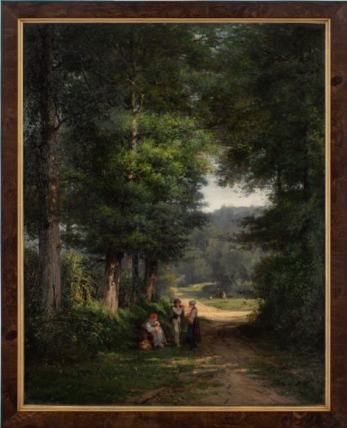 maximilien mayeur figures by a track in a wooded landscape antique oil painting - CATEGORY: ANTIQUE ART - DATED 1880