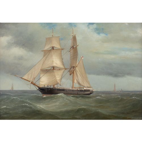 fig 1. Tommaso De Simone, HM Brig Nautilus Exercising In The Channel Near The Eddystone Lighthouse - Antique Oil Painting