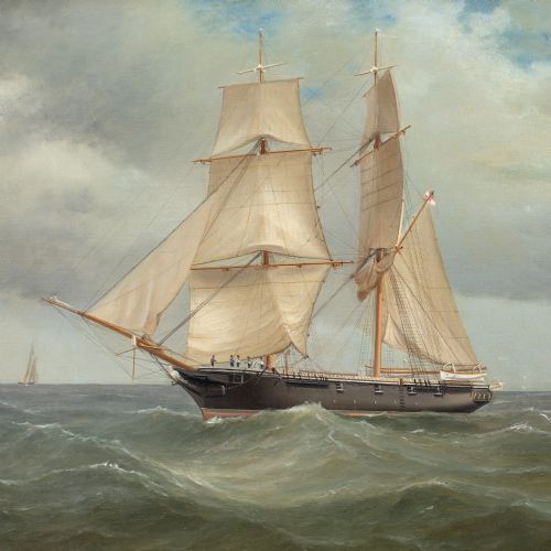 fig 5. Tommaso De Simone, HM Brig Nautilus Exercising In The Channel Near The Eddystone Lighthouse - Antique Oil Painting