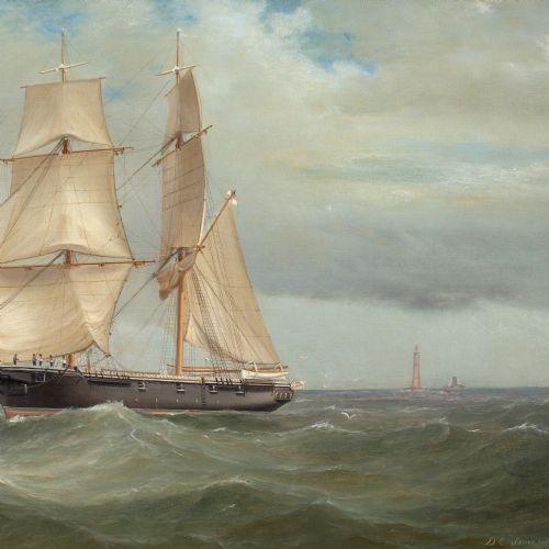 fig 6. Tommaso De Simone, HM Brig Nautilus Exercising In The Channel Near The Eddystone Lighthouse - Antique Oil Painting