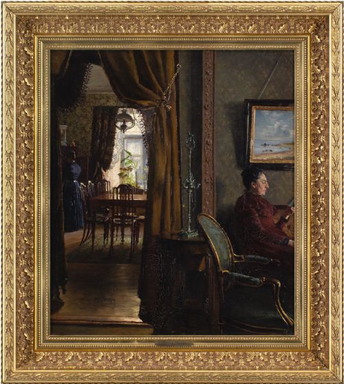 emma meyer interior with two women antique oil painting - CATEGORY: ANTIQUE ART - DATED 1890
