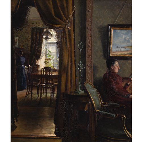 EMMA MEYER INTERIOR WITH TWO WOMEN ANTIQUE OIL PAINTING - ADDITIONAL PHOTO 1
