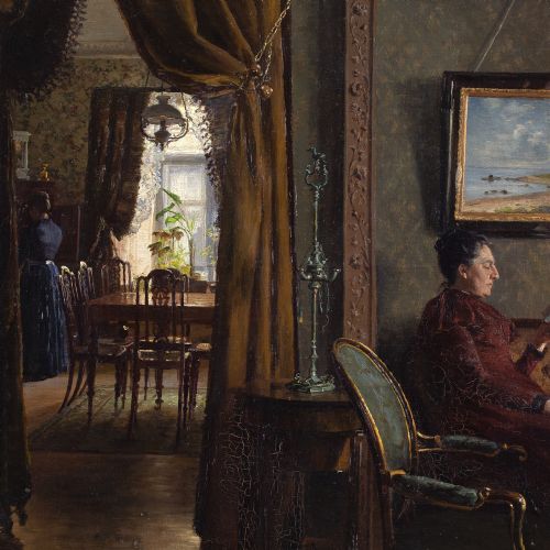 EMMA MEYER INTERIOR WITH TWO WOMEN ANTIQUE OIL PAINTING - ADDITIONAL PHOTO 4