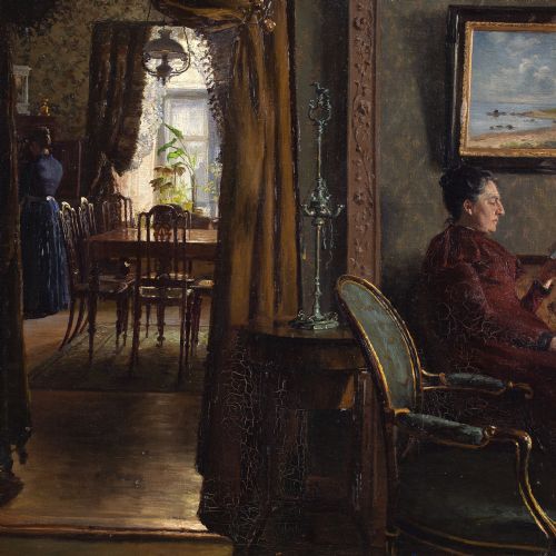 EMMA MEYER INTERIOR WITH TWO WOMEN ANTIQUE OIL PAINTING - ADDITIONAL PHOTO 5