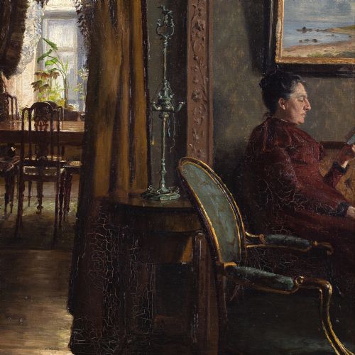 EMMA MEYER INTERIOR WITH TWO WOMEN ANTIQUE OIL PAINTING - ADDITIONAL PHOTO 6