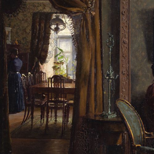 EMMA MEYER INTERIOR WITH TWO WOMEN ANTIQUE OIL PAINTING - ADDITIONAL PHOTO 7